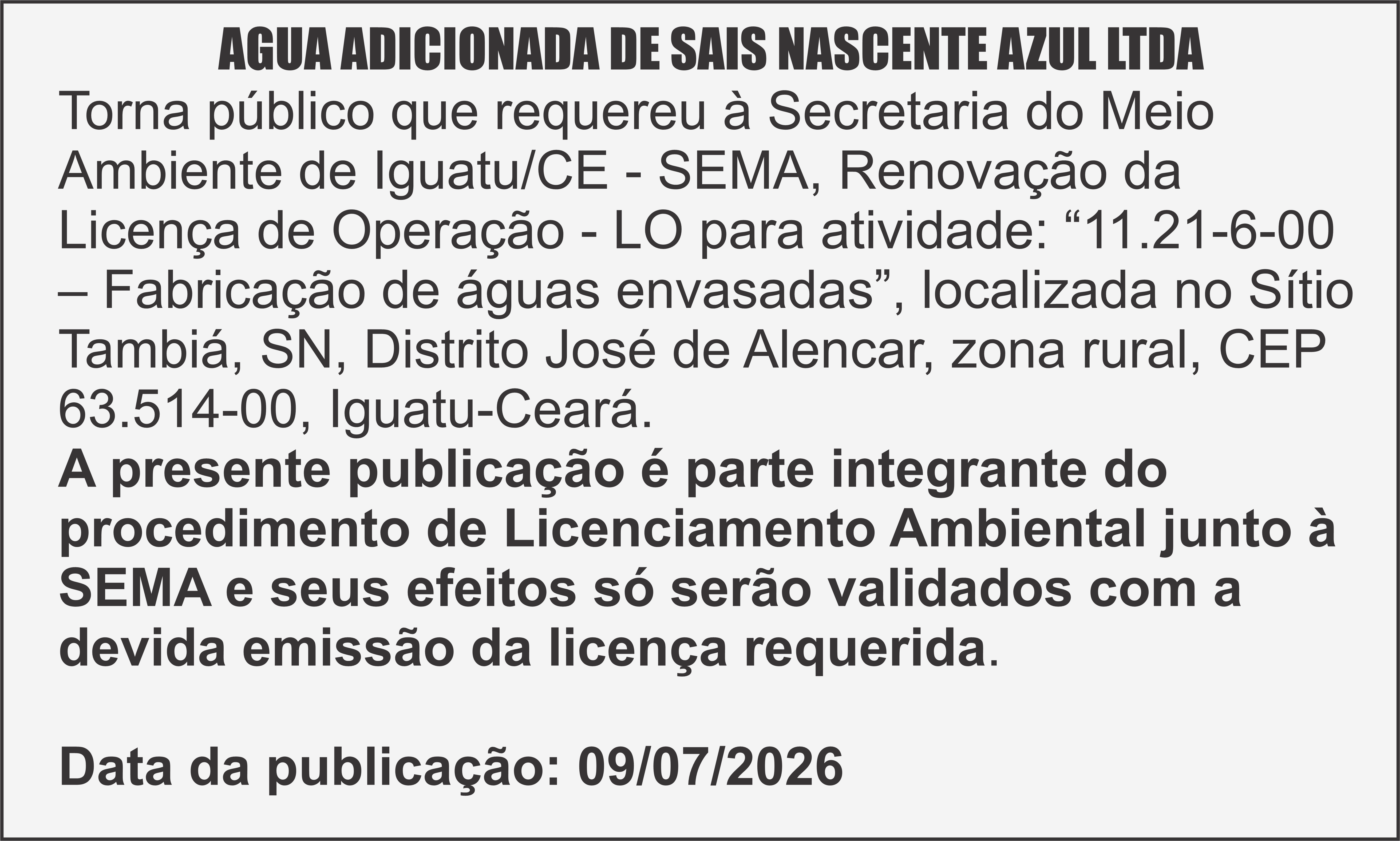 Edital: Água adicionada de sais Nascente Azul LTDA