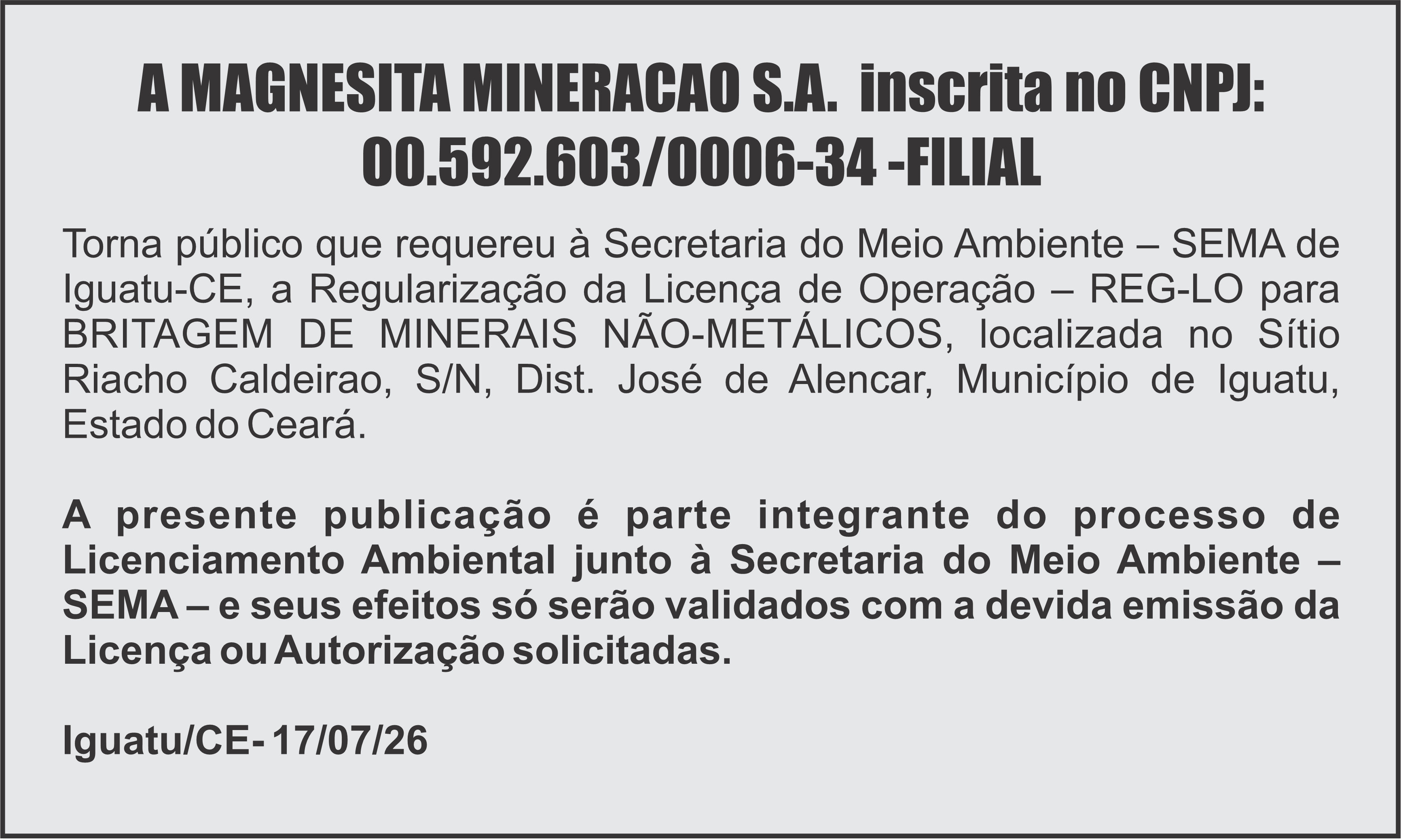 EDITAL: A MAGNESITA MINERACAO S.A.