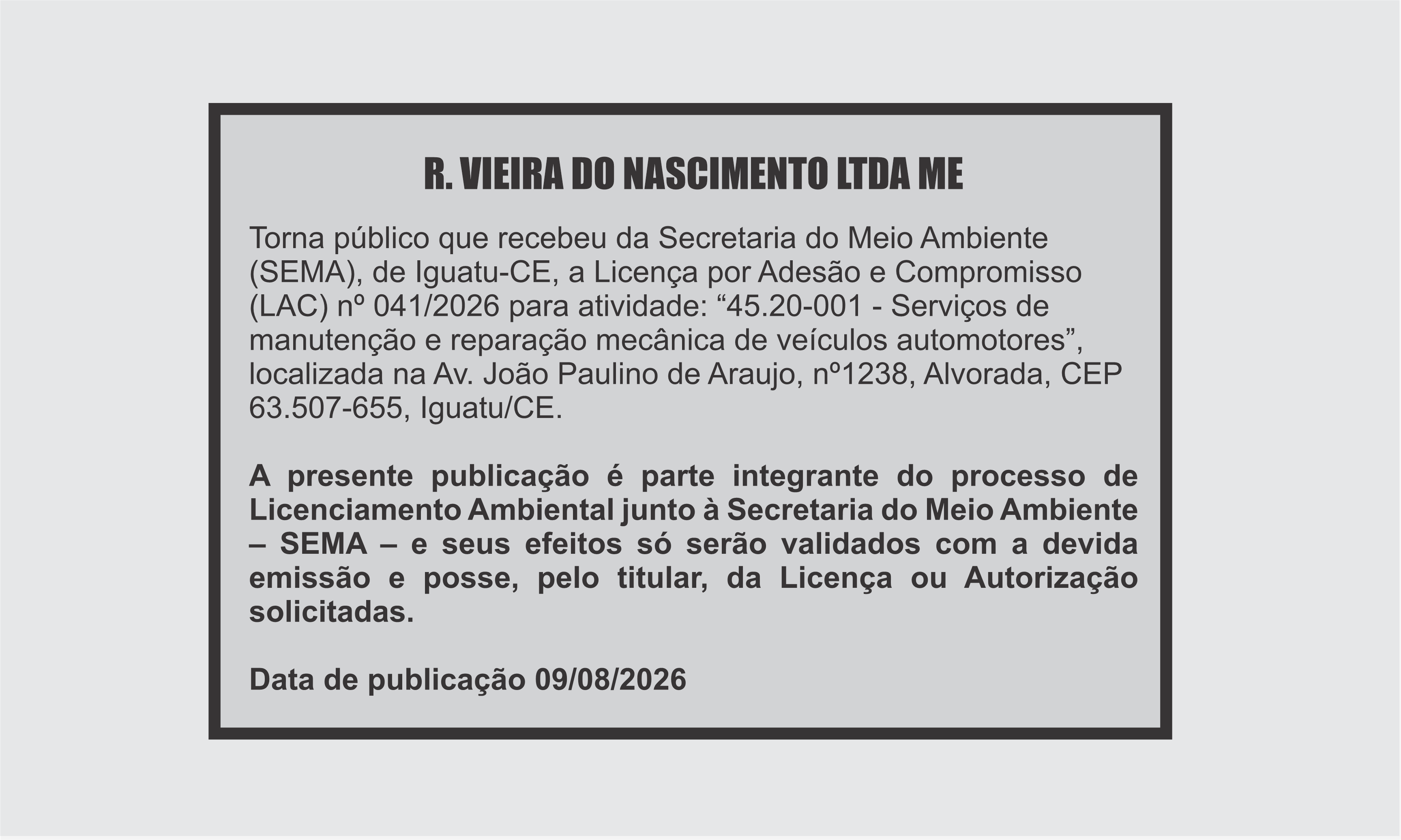 EDITAL: R. VIEIRA DO NASCIMENTO LTDA ME