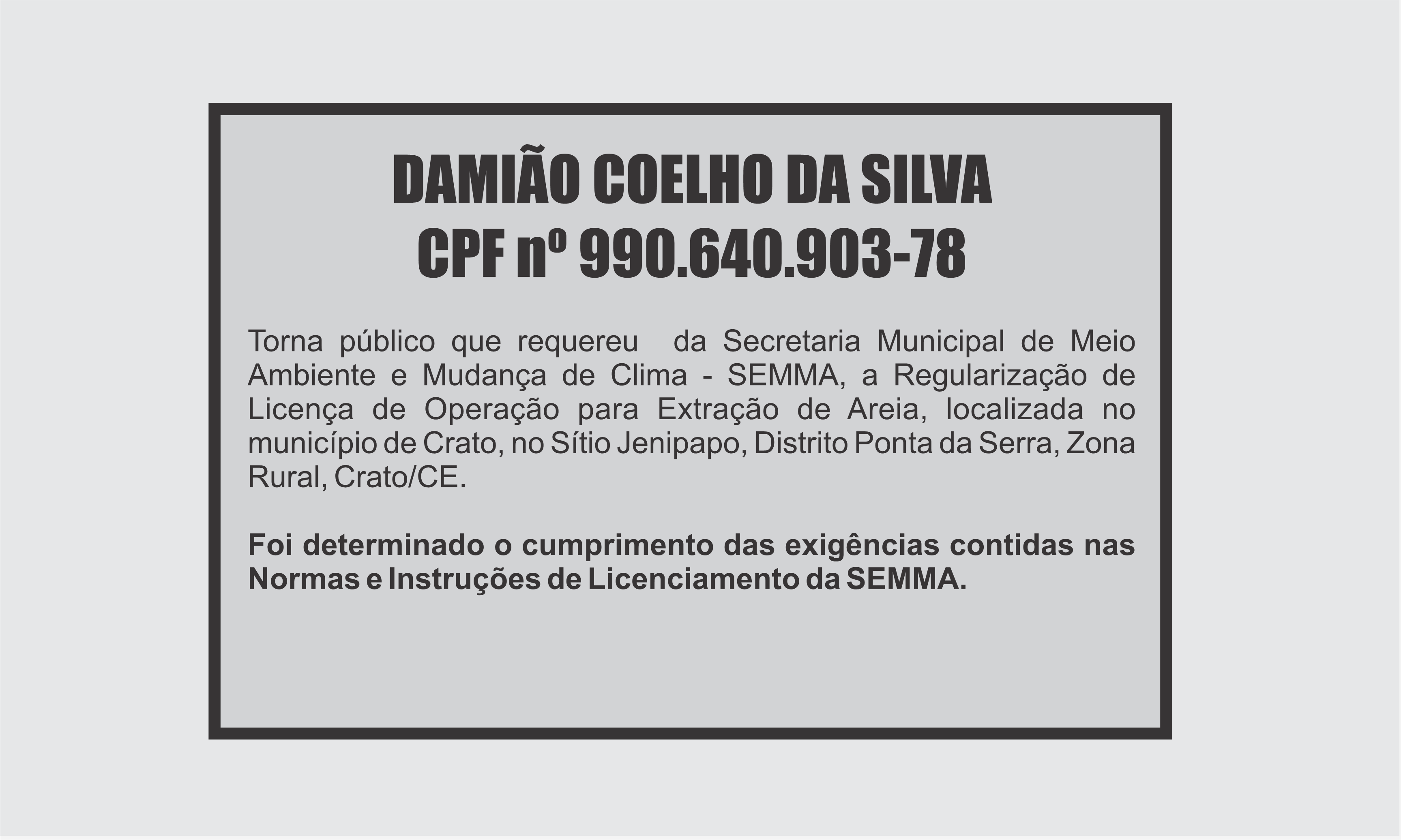 EDITAL: DAMIÃO COELHO DA SILVA