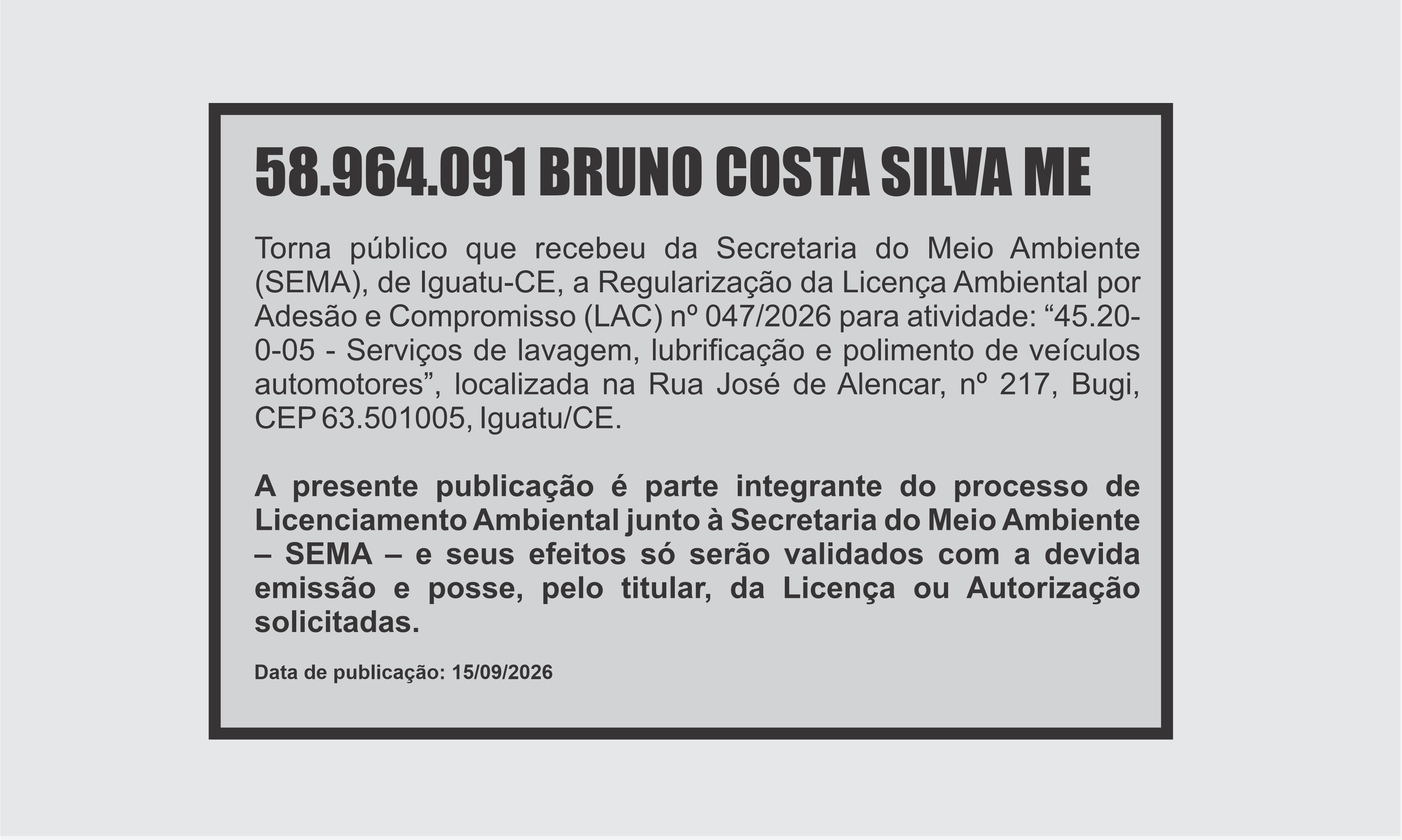 EDITAL:  BRUNO COSTA SILVA ME