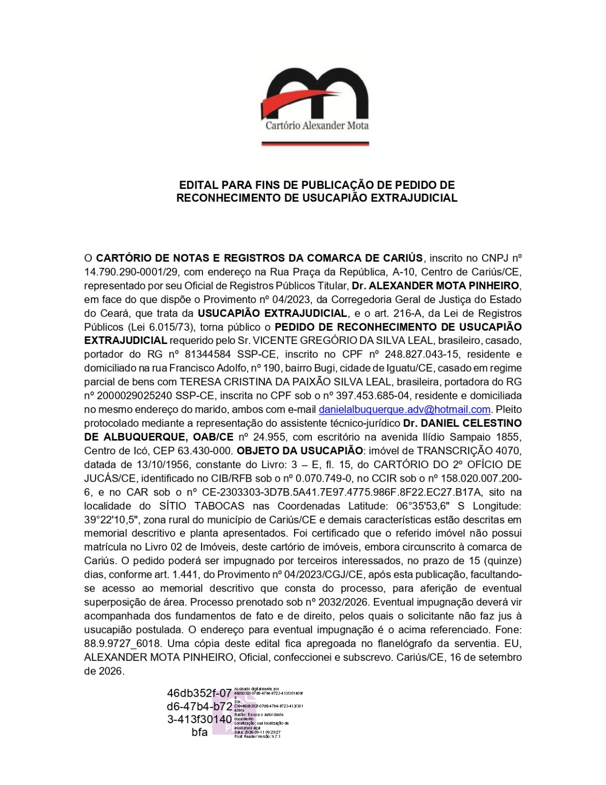 EDITAL PARA FINS DE PUBLICAÇÃO DE PEDIDO DE RECONHECIMENTO DE USUCAPIÃO EXTRAJUDICIAL