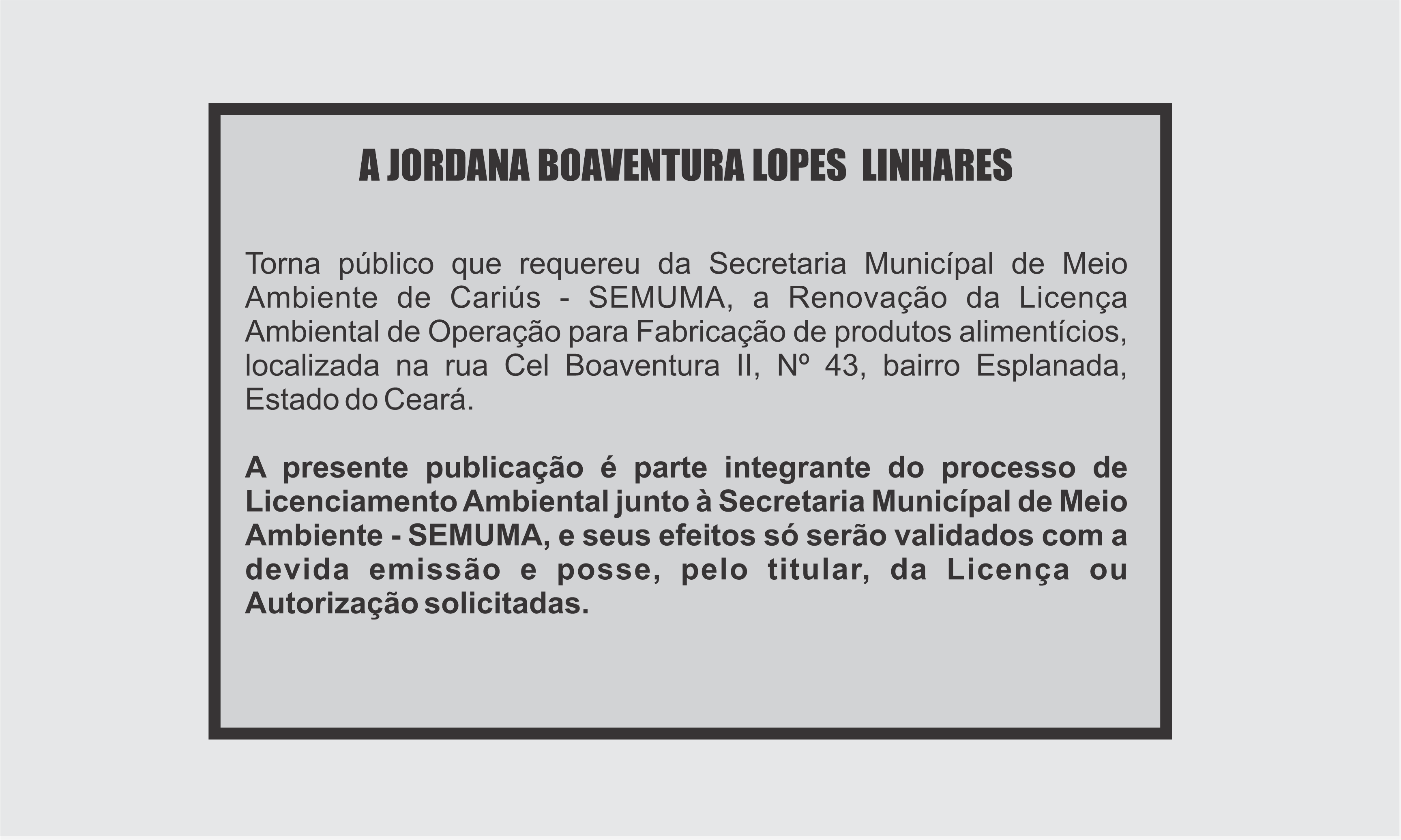 EDITAL: JORDANA BOAVENTURA LOPES  LINHARES