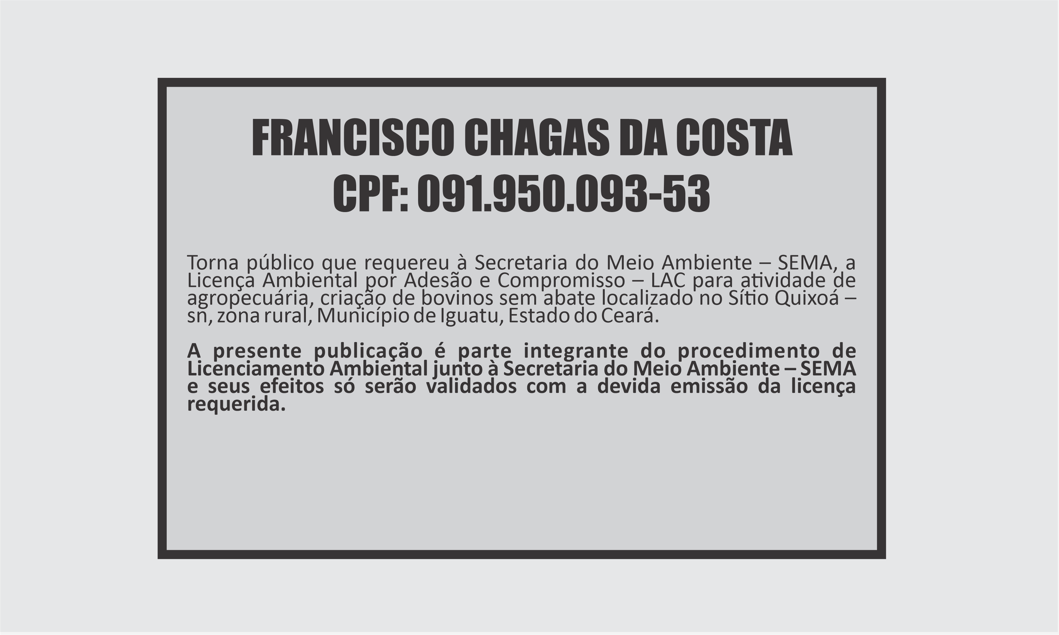 EDITAL: FRANCISCO CHAGAS DA COSTA